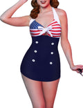 Womens Vintage Halter One Piece Swimsuit - Striped Retro Skirt