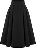 Women Vintage High Waist Pleated Midi A-Line Skirt with Pockets