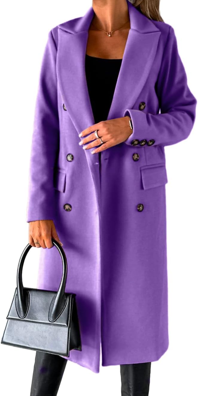 Womens Long Wool Coat Double Breasted Trench Coat for Winter
