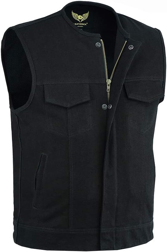 Leatherick Mens SOA Black Denim Motorcycle Vests for Bikers