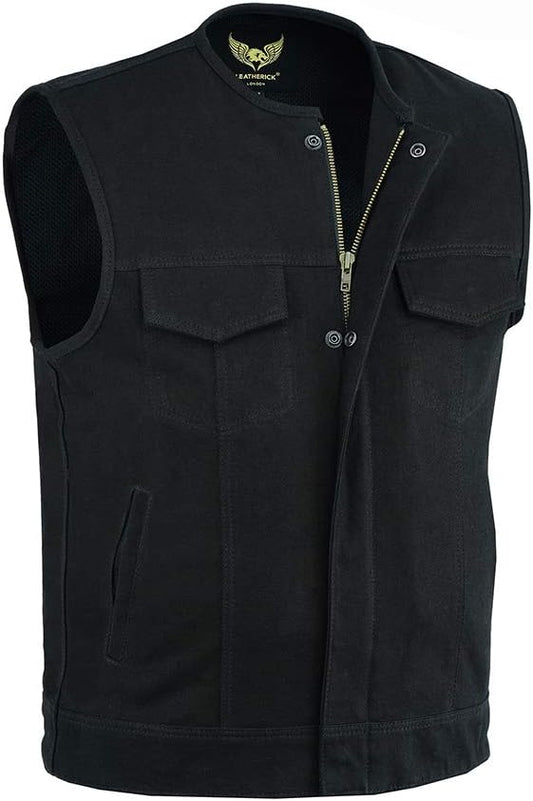 Leatherick Mens SOA Black Denim Motorcycle Vest for Bikers