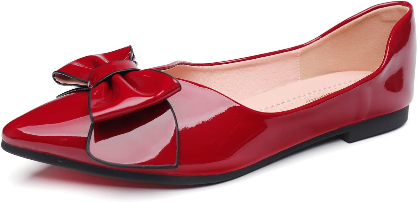 Comfortable Leather Pointed Toe Flats for Women with Bow Design