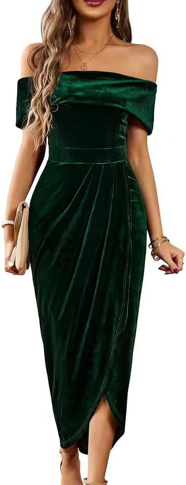 Off The Shoulder Vintage Velvet Bodycon Midi Dress for Women