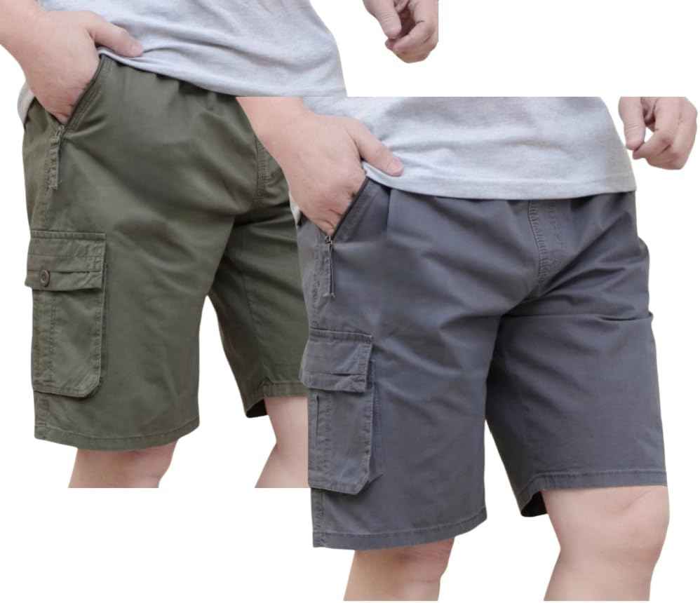 Men's Casual Twill Cargo Shorts with Elastic Waist and Pockets