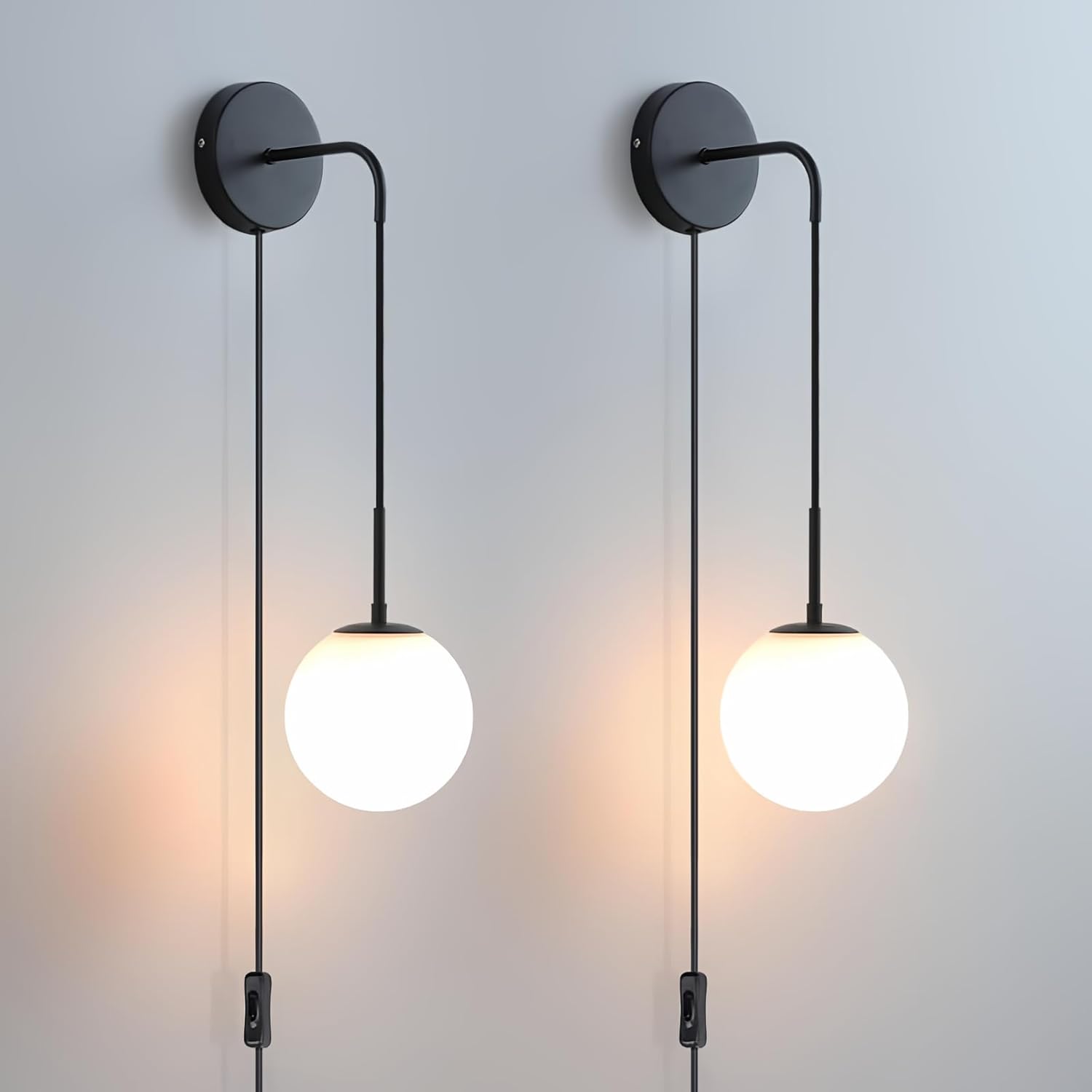 Stylish Plug in Wall Sconces Set of Two with Globe Glass Shade