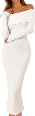 MEROKEETY Off Shoulder Bodycon Sweater Dress - Elegant Fall Midi Size