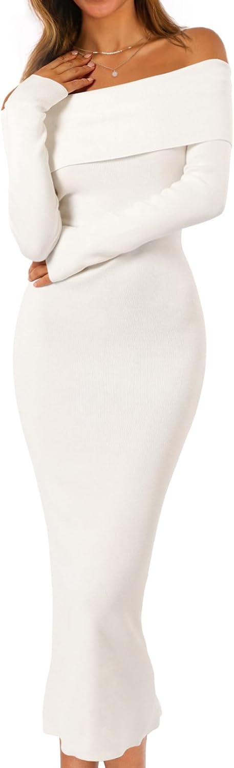 MEROKEETY Women's Fall Off Shoulder Bodycon Sweater Dress Review