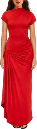 Women's Casual Boat Neck Ruched High Split Bodycon Maxi Dress