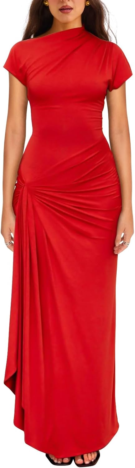 YMDUCH Women's Casual Short Sleeve Boat Neck Bodycon Dress