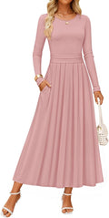 Women's Crewneck Knit Maxi Dress - Pleated A-Line Fall Dress