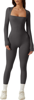 Stylish QINSEN Women's Long Sleeve Square Neck Jumpsuit for Fall