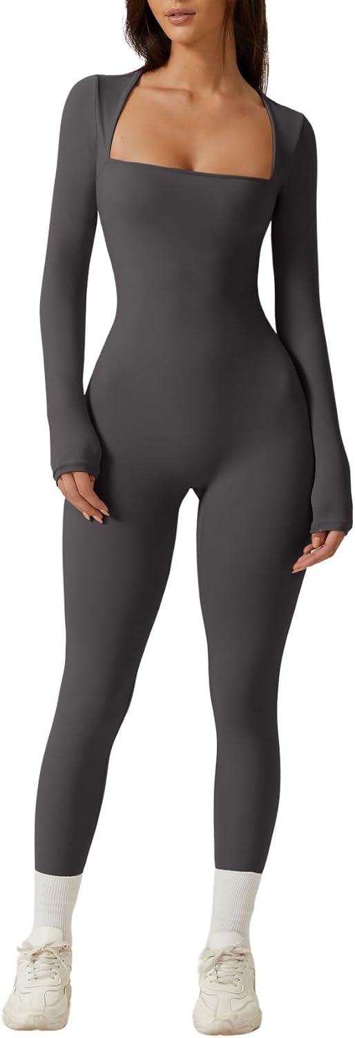 QINSEN Womens Sexy Square Neck Long Sleeve Jumpsuit for Fall