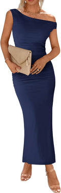 Women One Shoulder Bodycon Ruched Maxi Dress - Mesh Fitted Style