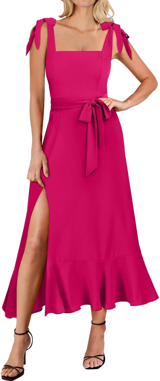 Elegant Square Neck Ruffle Split Midi Dress for Weddings and Parties