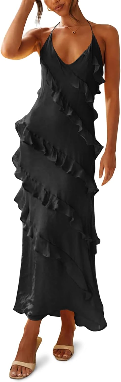 Womens Sexy Chiffon Halter Maxi Dress with Ruffle Detail