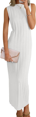 Wenrine Womens Sleeveless Sweater Dress Mock Neck Ribbed Knit Maxi on