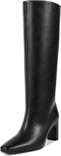 Straight Leg Knee High Boots - Crocodile Print Square Toe Mid Heel