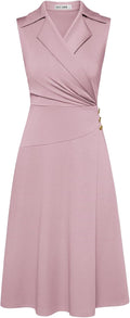 Women's Notch Lapel Ruched Wrap V Neck Midi Dress - Work Staple