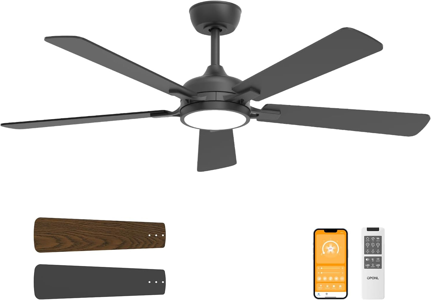 52 Inch Black Ceiling Fan with Light and Remote Control Features
