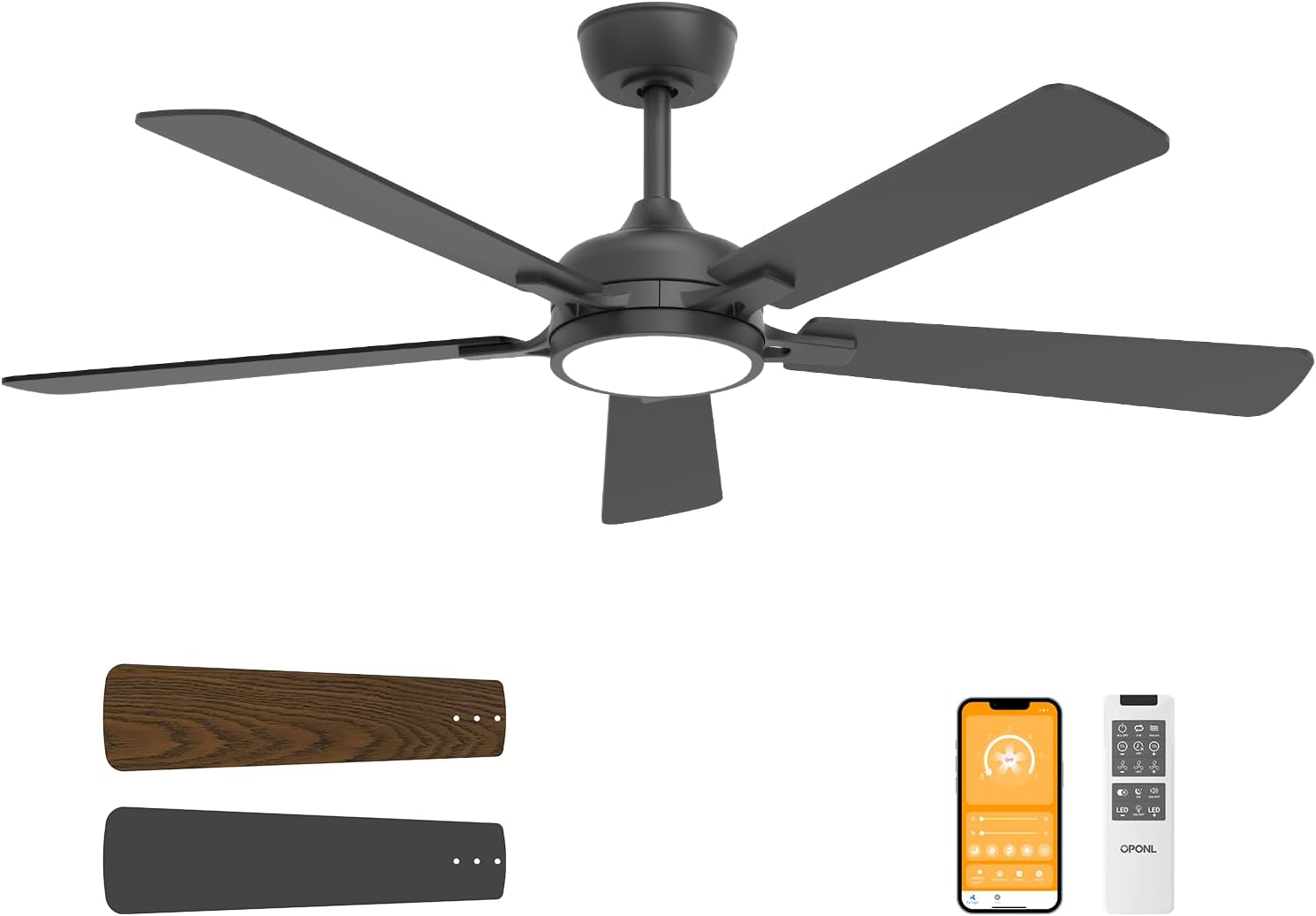 52 Inch Black Ceiling Fan with Light and Remote Control Features