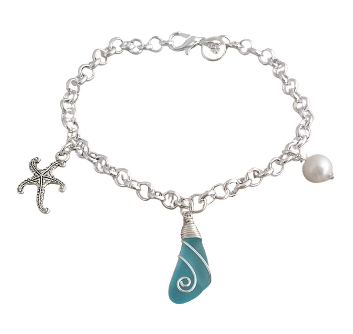 Handmade Wire Wrapped Blue Sea Glass Bracelet with Starfish Charm