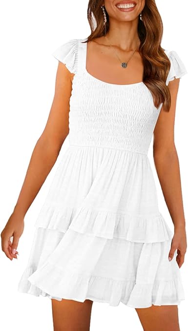 LEANI Womens 2023 Summer Ruffle Dresses Boho Smocked Mini Dress