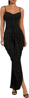 Elegant Bodycon Maxi Dress with Ruffle and Ruched Design