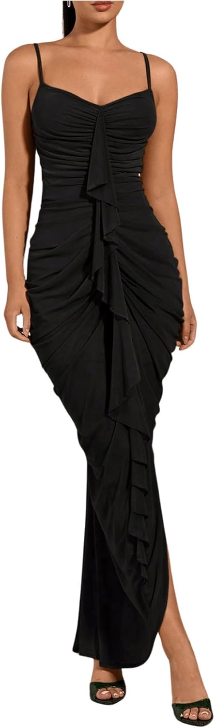 Elegant Bodycon Maxi Dress with Ruffle and Ruched Design