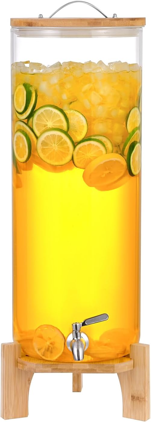 3.5 Gallon Glass Beverage Dispenser with Wood Stand for Parties