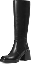 Women Knee High Boots Faux Leather Platform Chunky Square Toe