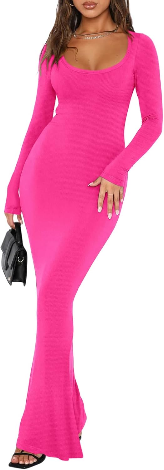 REORIA Womens Basic Sexy Square Neck Long Sleeve Maxi Dress