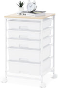 Bright White Utility Cart with 5 Drawers and Wooden Top - Rolling