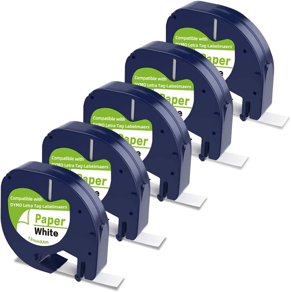 5-Pack Camopro Self-Adhesive Label Tape for DYMO LetraTag: Black on White