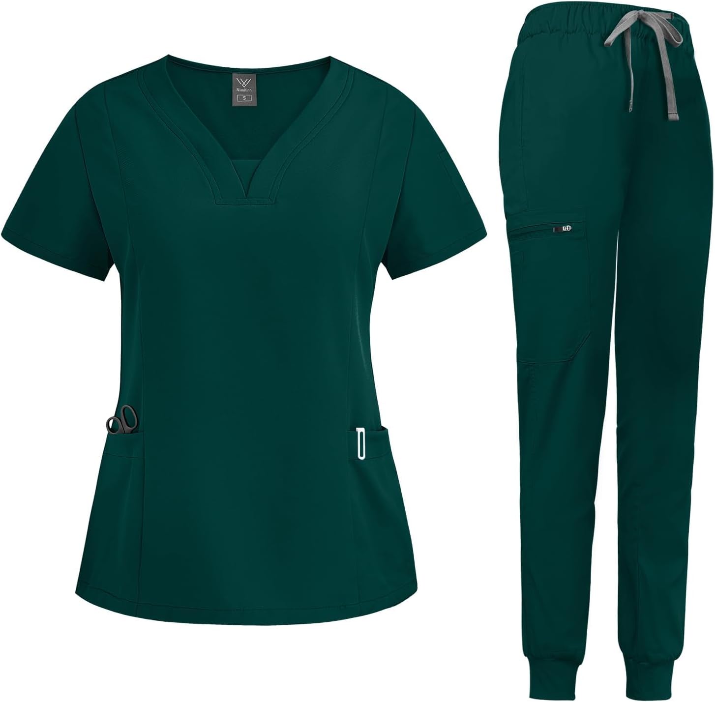 Niaahinn Scrub Suit Set for Women with V-neck Top & Jogger Pants