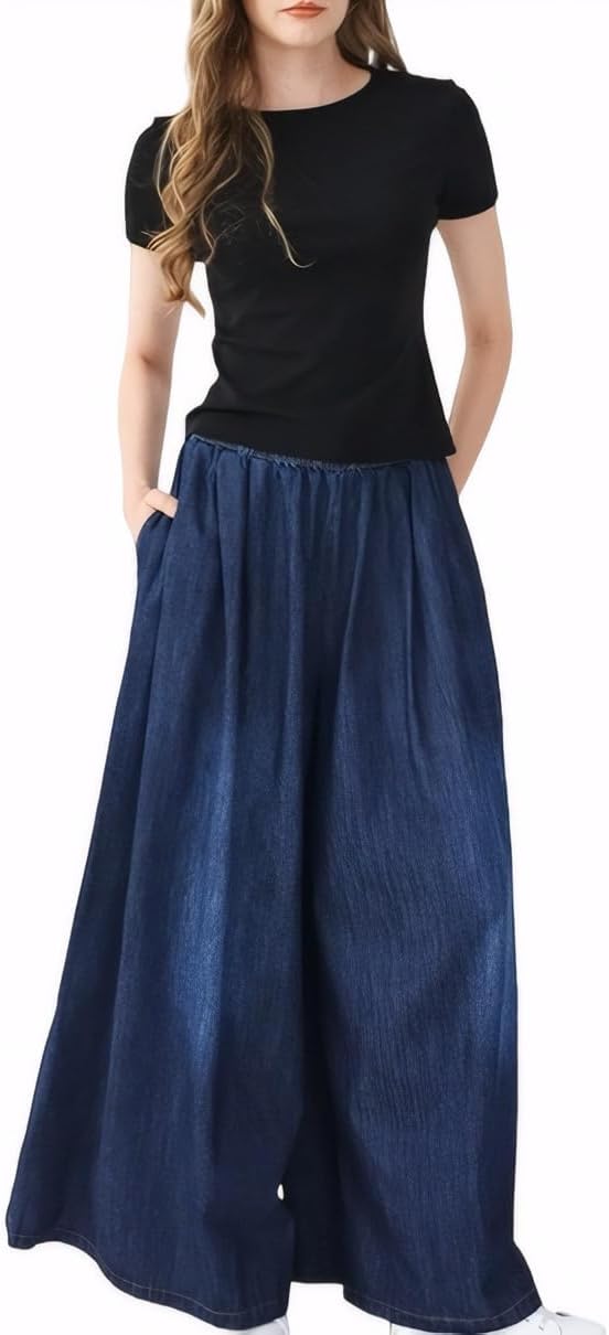Extra Wide Leg Denim Pants for Women with Elastic Waist
