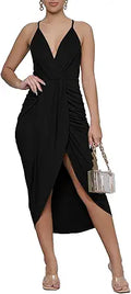LYANER V Neck Ruched Wrap Slit Hem Midi Bodycon Dress - Sleek Fit