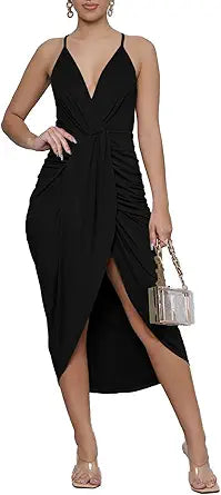 LYANER Women's V Neck Ruched Wrap Midi Bodycon Dress Review
