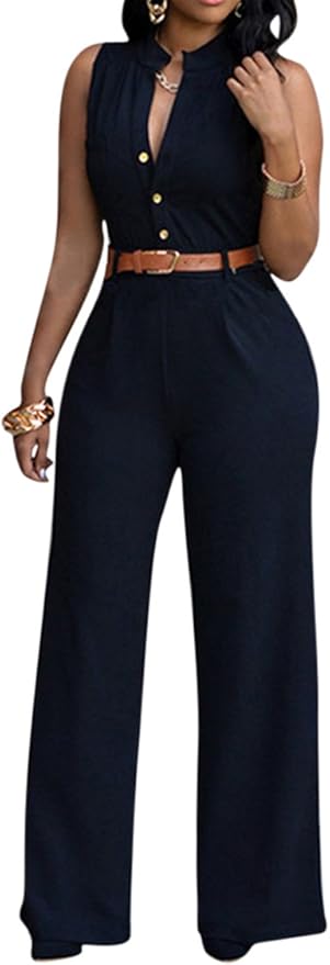 Pink Queen Women's Button Up Printed Long Wide Leg Jumpsuits