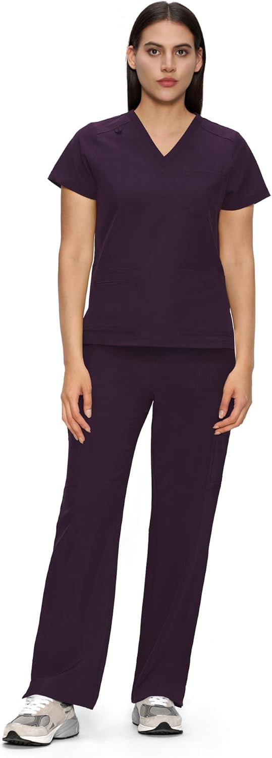 V-Neck Scrubs Top & Cargo Pants with 12 Pockets for Women