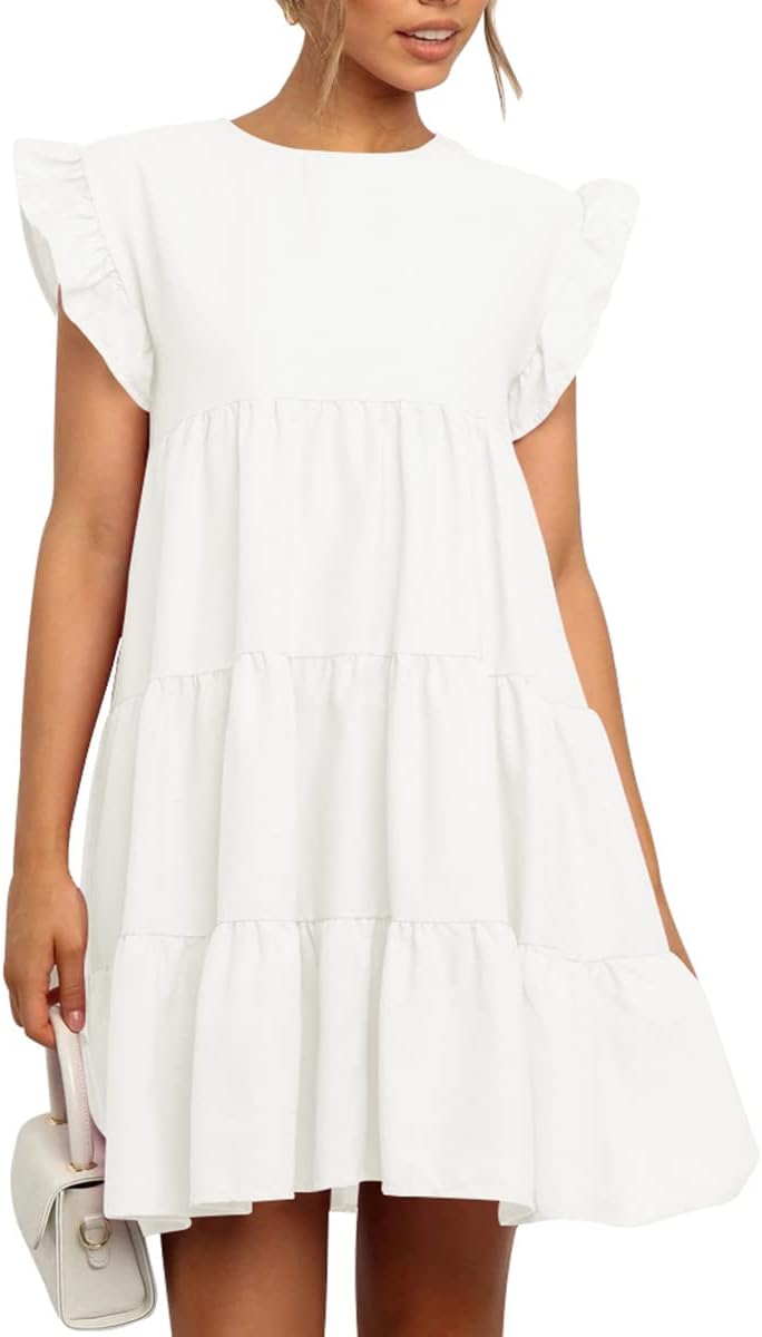IHOT Women Babydoll Summer Casual Crew Neck Ruffle Sleeve Dress