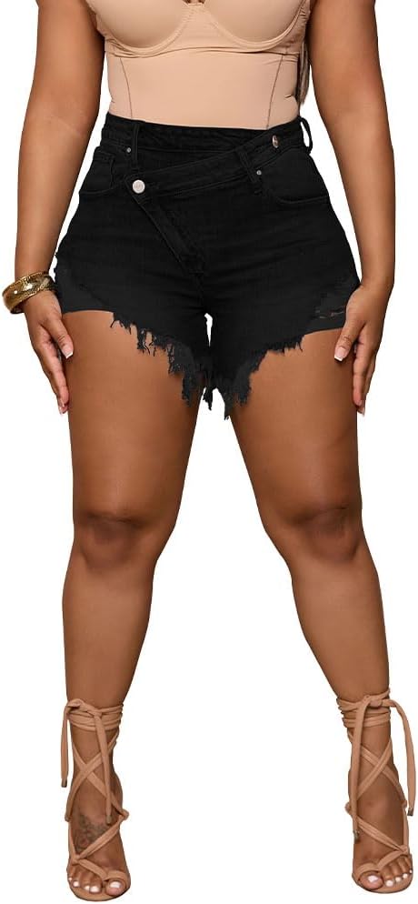 PINSV Women's High Waisted Crossover Denim Shorts for Summer