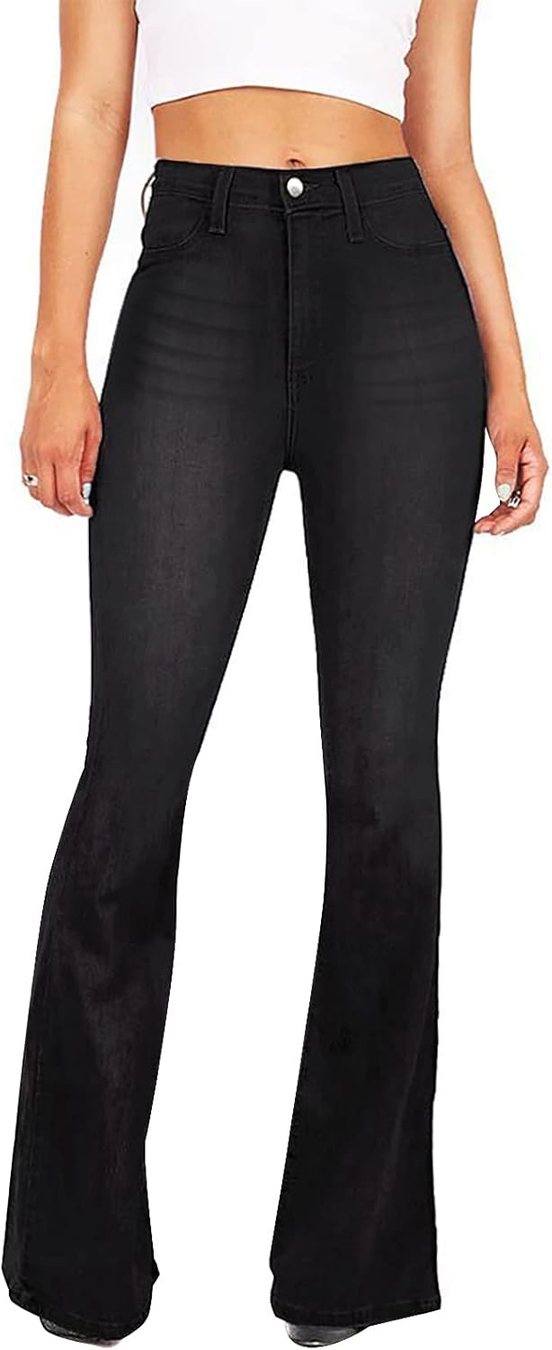 BISUAL Women's Black Bell Bottom Jeans - High Waisted Flare Style