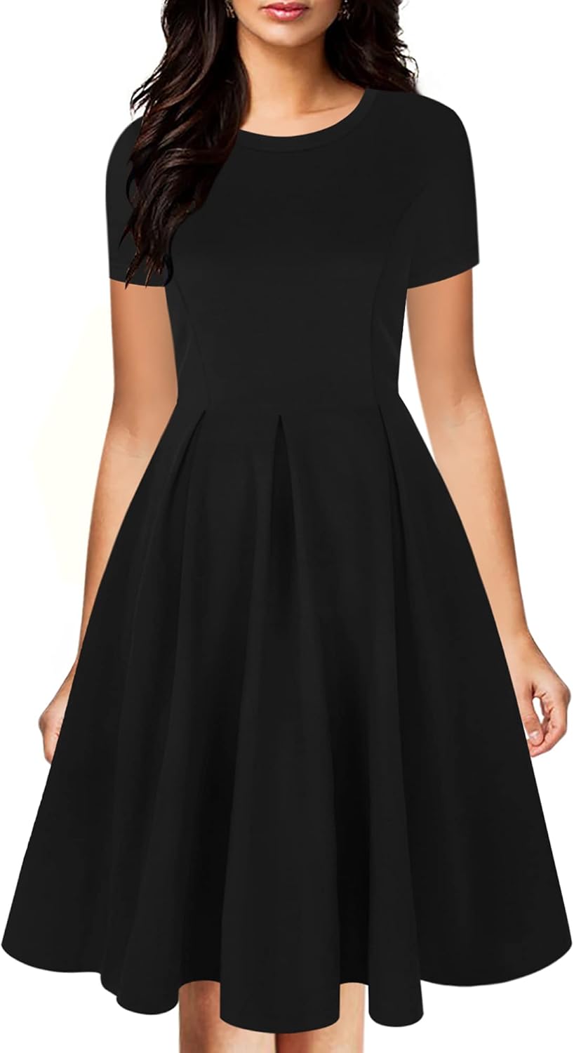 Oxiuly Women's Vintage Half Sleeve O-Neck Casual Swing Dress