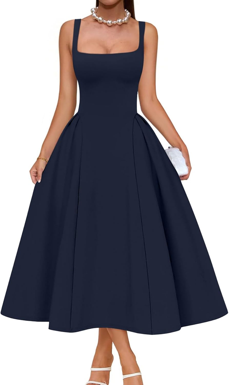 Elegant Square Neck Swing A Line Midi Dress for Parties