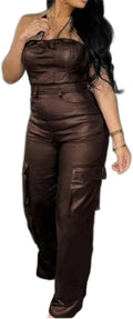 Womens PU Leather Jumpsuit Sexy Off the Shoulder Tight Waist Cargo 95%
