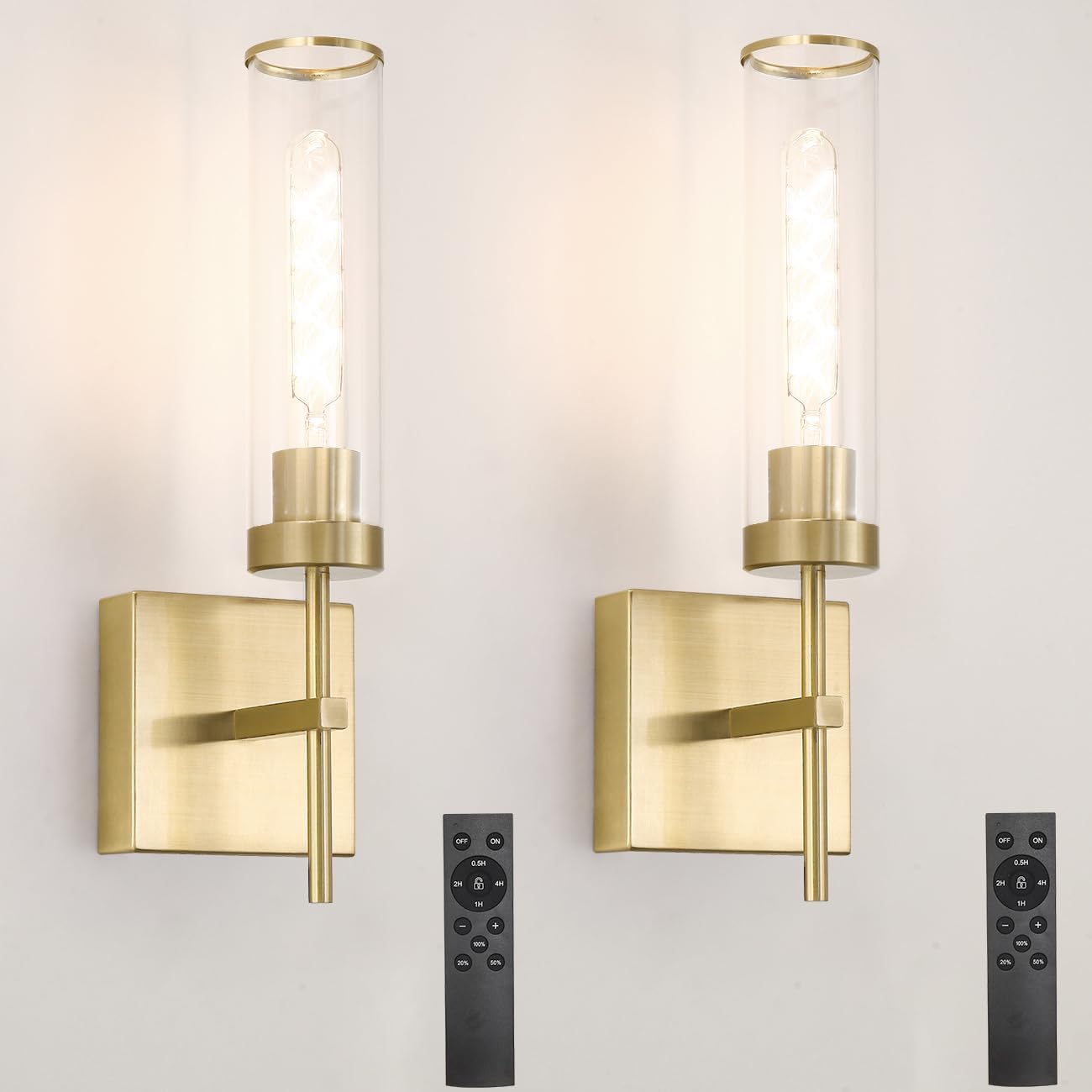 Gold Battery Operated Wall Sconce Set of 2 with Remote Control