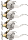 Satin Nickel Passage Door Knobs 4 Pack - Modern Wave Levers