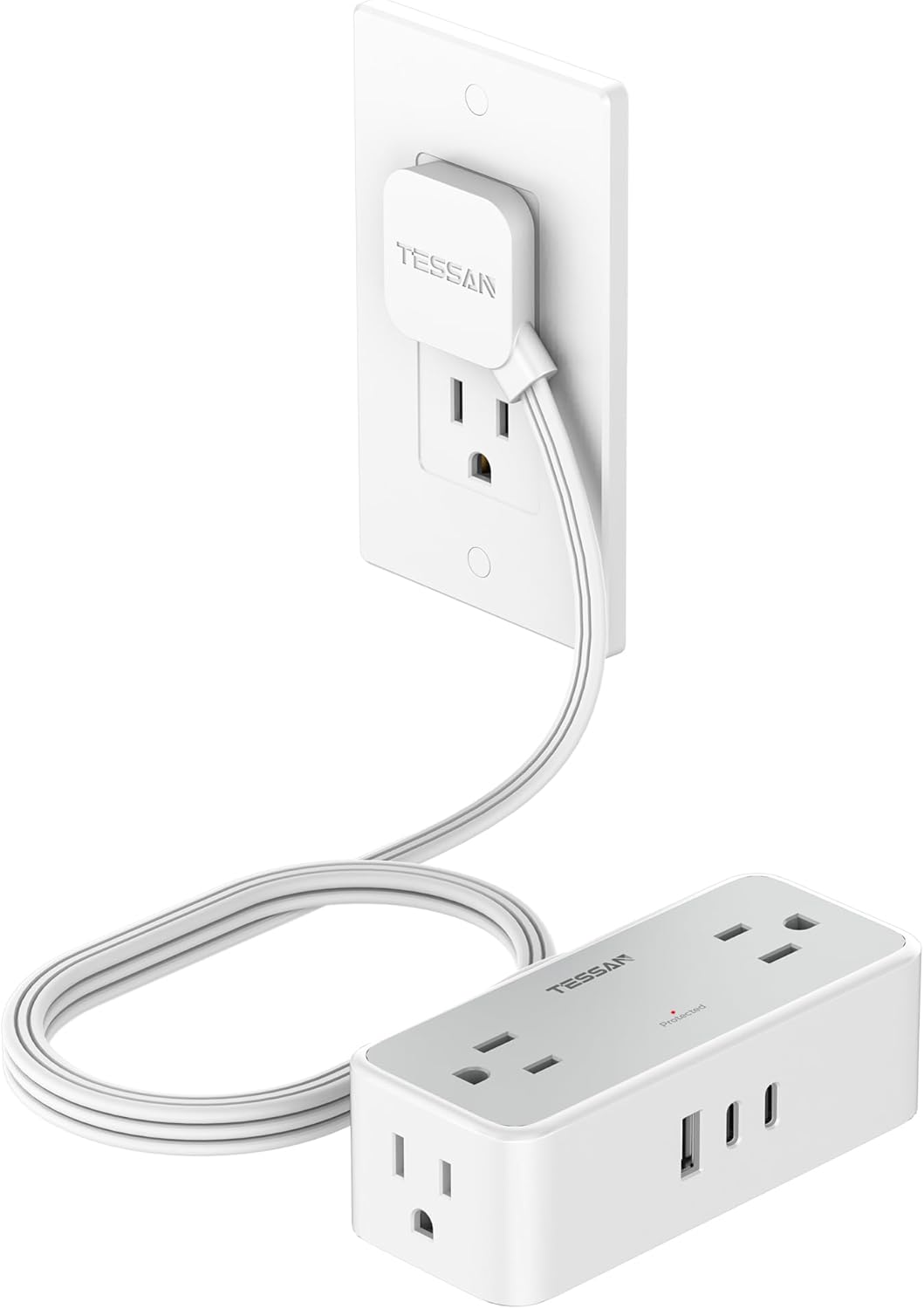 TESSAN 5ft Flat Plug Surge Protector: 4 Outlets, 3 USB, 900 Joules, Home/Office/Dorm