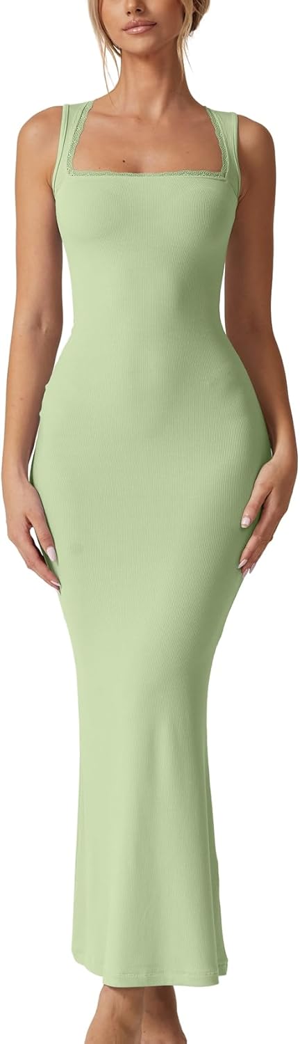 QINSEN Women's Square Neck Lace Detail Long Maxi Dress Review