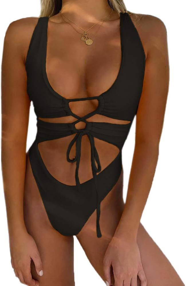 CHYRII Women's Sexy Cutout Lace Up Backless Monokini Swimsuit